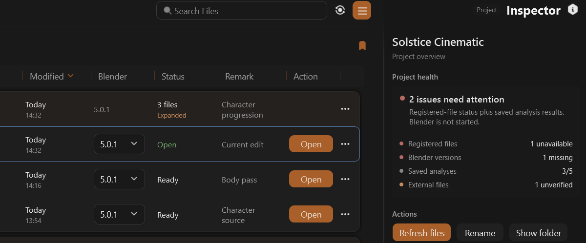 The BlenDock Inspector beside the file table, summarising the Solstice Cinematic project: 2 issues need attention, with counts for registered files (1 unavailable), Blender versions (1 missing), saved analyses (3 of 5) and external files (1 unverified), and Refresh files, Rename and Show folder actions.