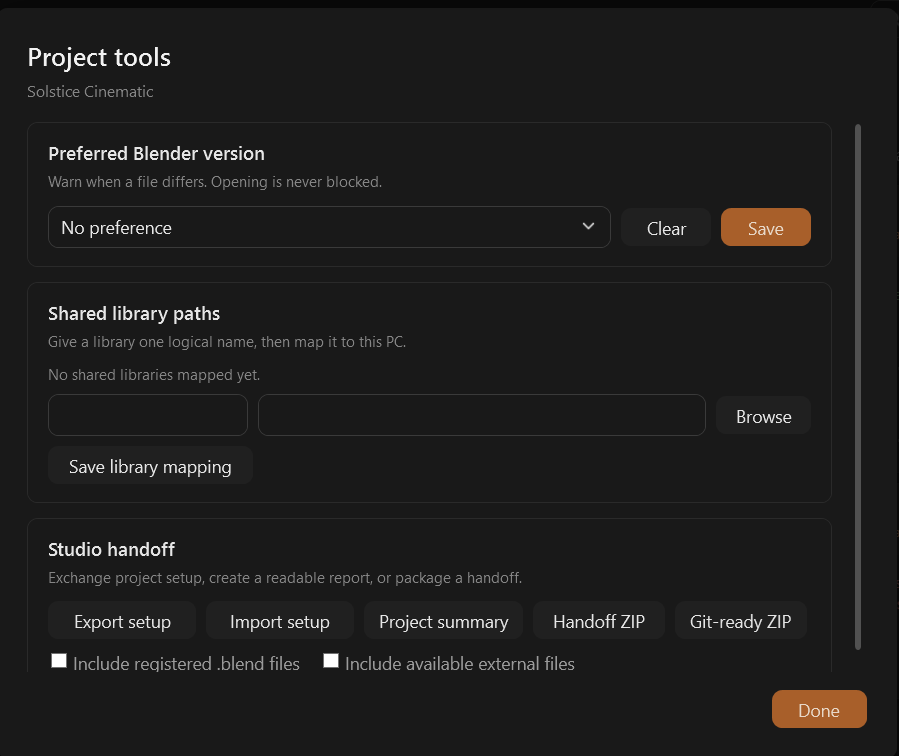 BlenDock's Project tools for the Solstice Cinematic project: a preferred Blender version that warns when a file differs but never blocks opening, shared library paths mapped on this computer, and handoff actions — Export setup, Import setup, Project summary, Handoff ZIP and Git-ready ZIP — with options to include the registered .blend files and available external files.
