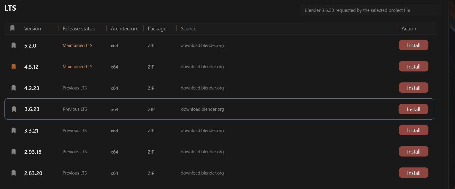 BlenDock's Downloads tab listing official Blender LTS builds from download.blender.org, from 5.2.0 down to 2.83.20, each with its release status, x64 architecture, ZIP package and an Install action. Blender 3.6.23 is highlighted as the version requested by the selected project file.